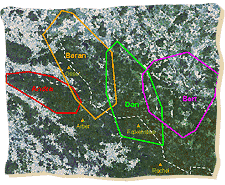 Die Aufenthaltsräume der 2001/2002 im Grenzraum telemetrierten territorialen Tiere: Andra (rot), Beran (orange), Don (grün), Bert (lila).